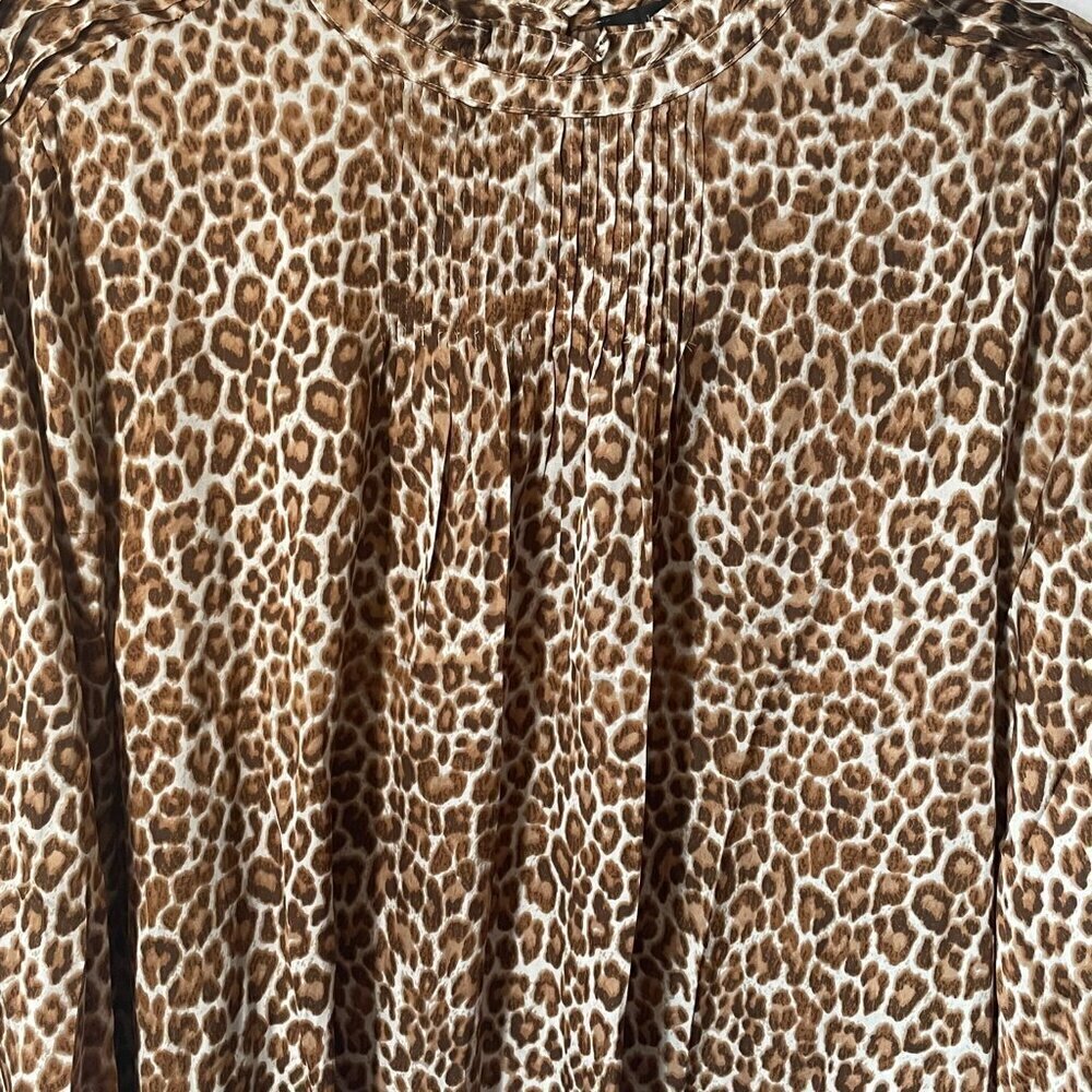 J Crew Leopard Top Womens Large Long Sleeve Ruffle Neck Relaxed Brown Blouse - Picture 6 of 7